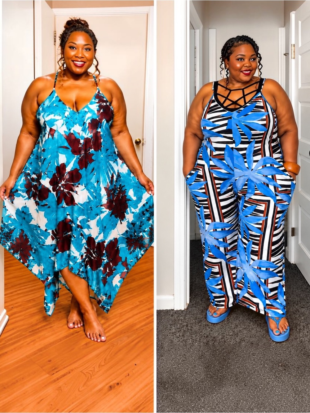 Blue Floral & Striped Wide-Leg Jumpsuit Duo